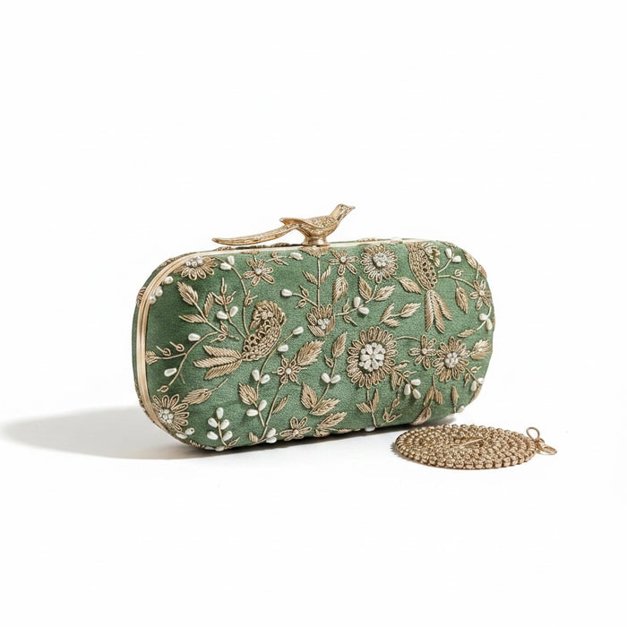 Olive Green Bridal Clutch: Zardosi Work Bird Knob Clutch