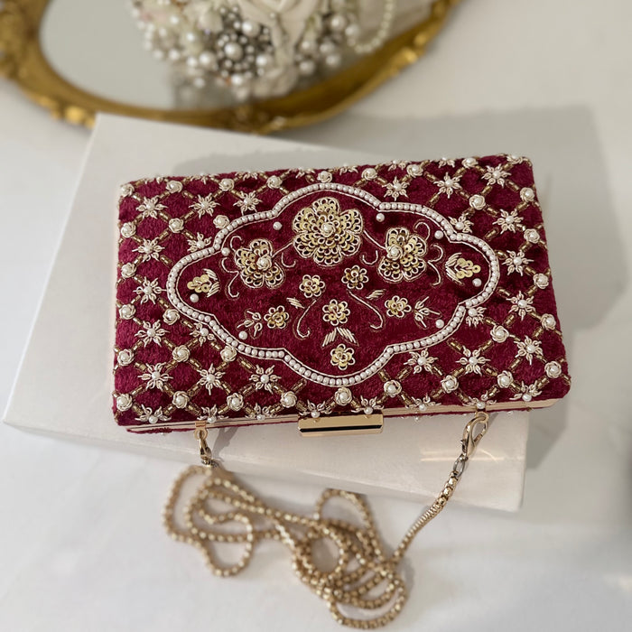 Maroon Velvet Clutch: Beaded Zardosi Indian Bridal Purse