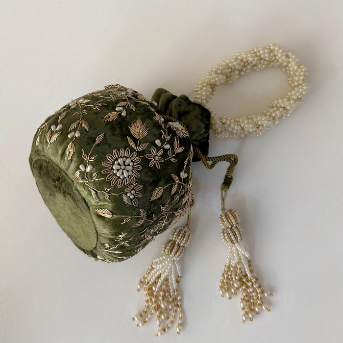 Olive Green Velvet Potli Bag | Zardosi & Pearl Embellishments