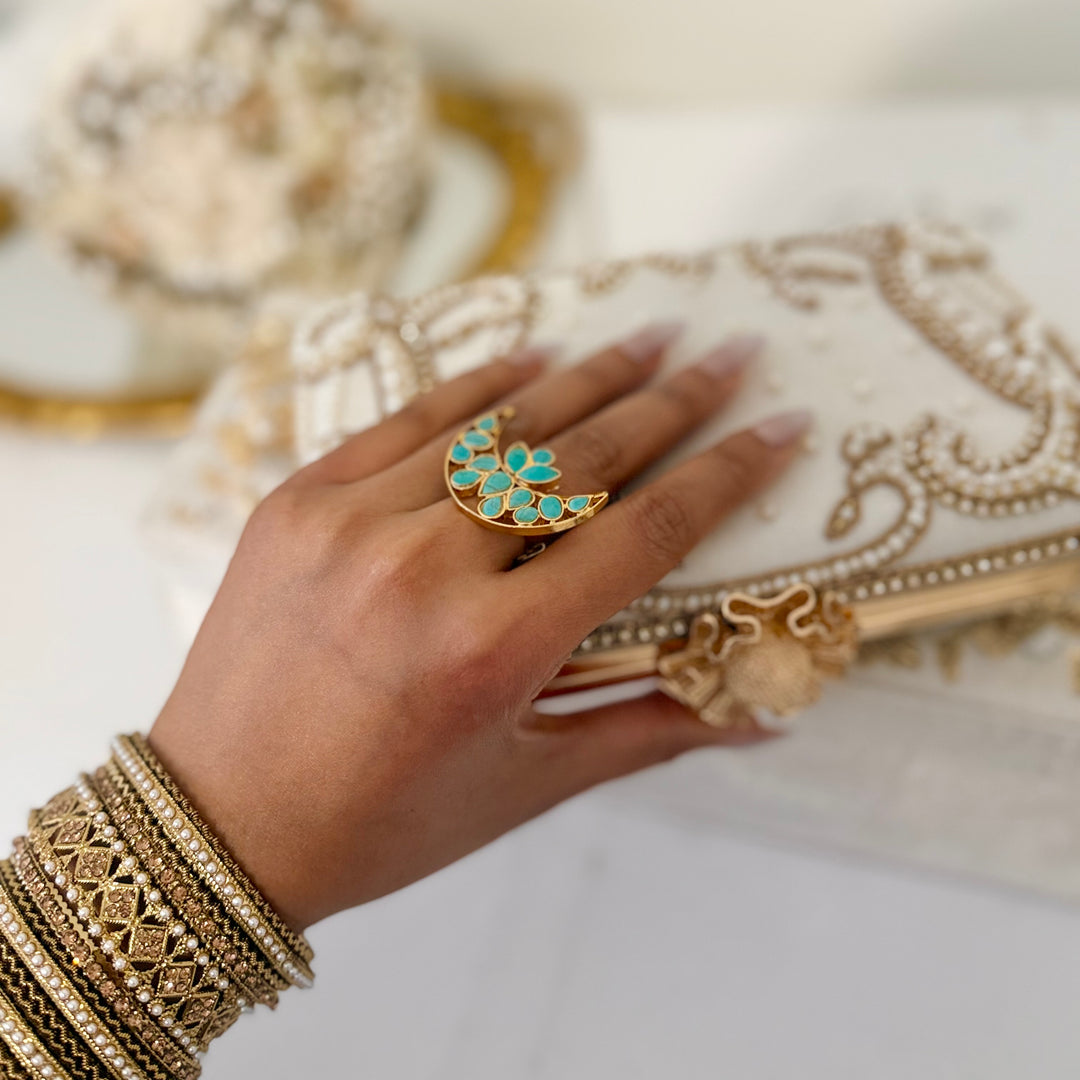 Moon Inspired Ring : Gold Finish Bridal Ring With Kundan and Brass