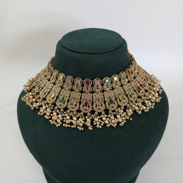 Antique Gold Plated Reverse AD Bridal Set Kundan Bridal Necklace Set
