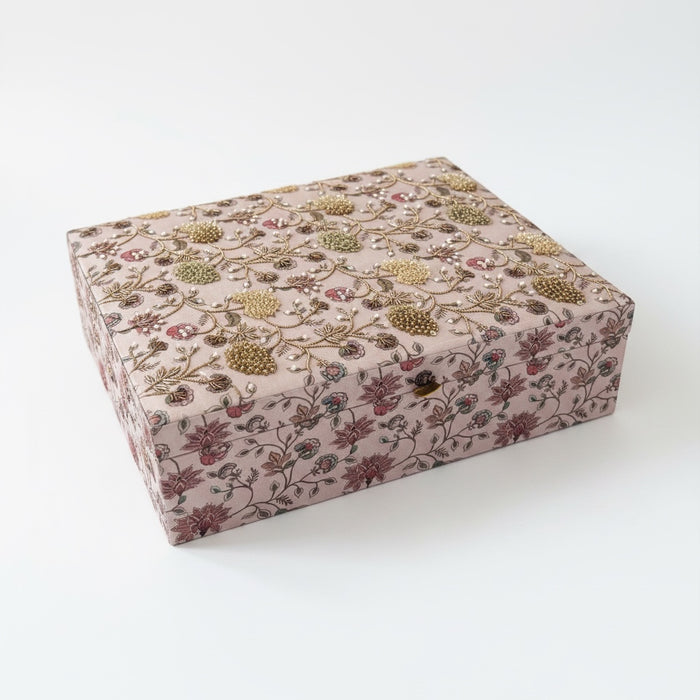Dusty Pink Floral Bridal Trousseau Box | Hand-Emroidered Keepsake Storage Box