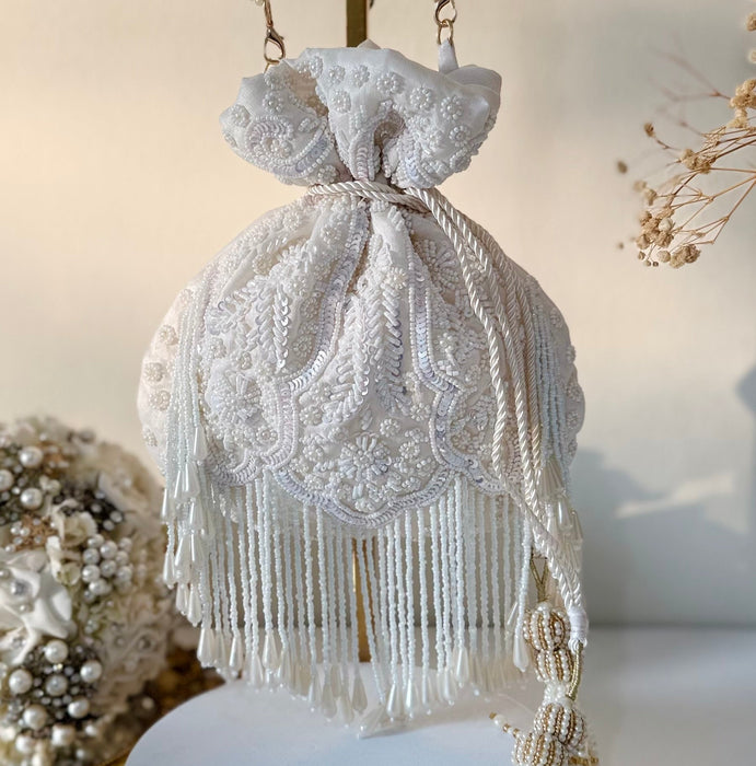 Ivory Beaded Potli Bag: Beaded Wedding Day Bag