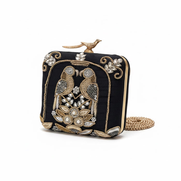 Black Embroidered Bird Motif Clutch | Evening Bag