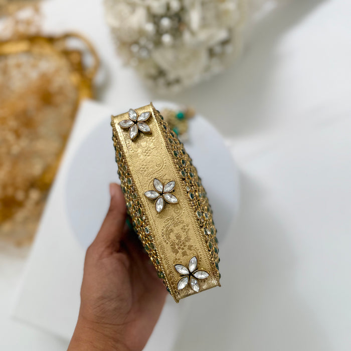 Natural Turquoise Gemstone Mini Clutch | Kundan Detailing on Brass Frame