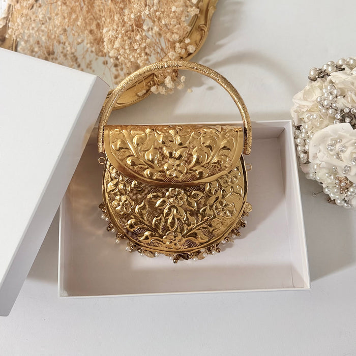 24k Gold Plated Brass Clutch: Vintage Style Top Handle Handbag
