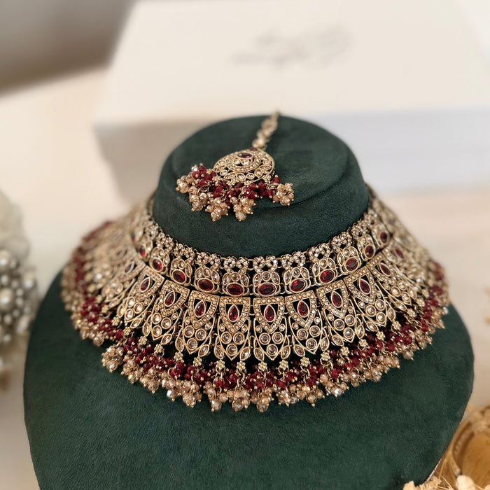 Antique Gold Plated Reverse AD Bridal Set- Maroon Bridal Necklace Set