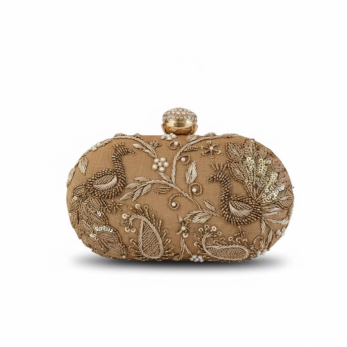Gold Peacock Zardozi Embroidered Clutch|Gold Evening Bag