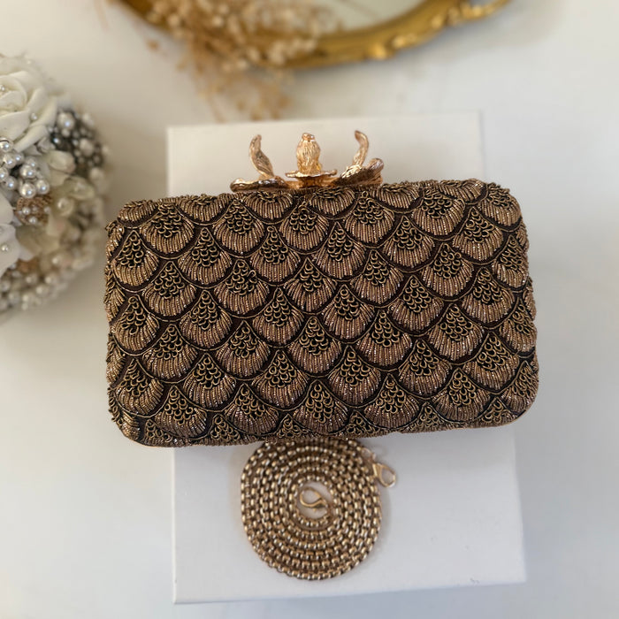 Antique Gold Clutch: Dark Brown  Evening Bag
