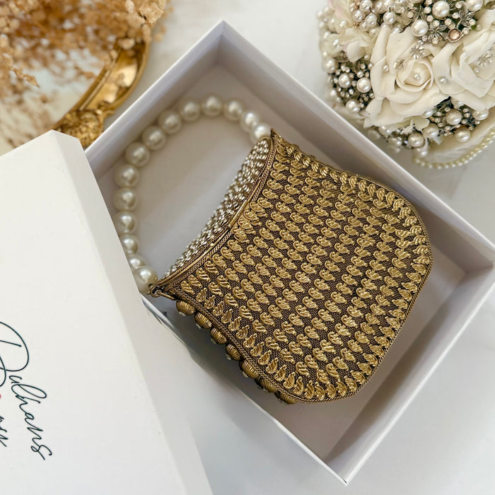 Mini Gold Crystal Bridal Clutch: Pearl Handle Wedding Evening Bag