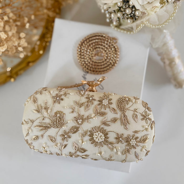 Ivory Bird-Motifs Bridal Clutch