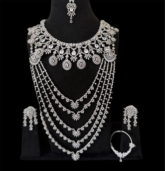 Silver Ad Bridal Necklace Set- Layered Necklaces with Earrings, Tikka and Naath