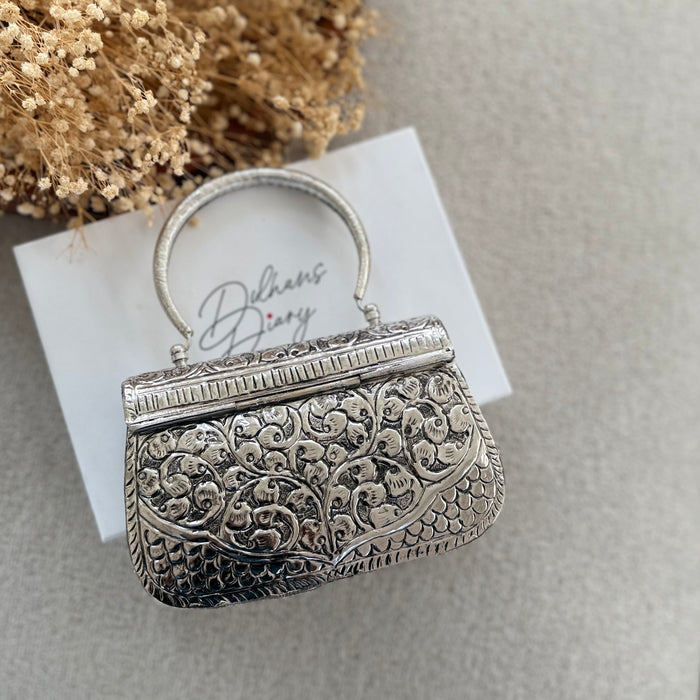 Silver Plated Brass Antique Clutch: Vintage Style Evening Bag With Top Handle