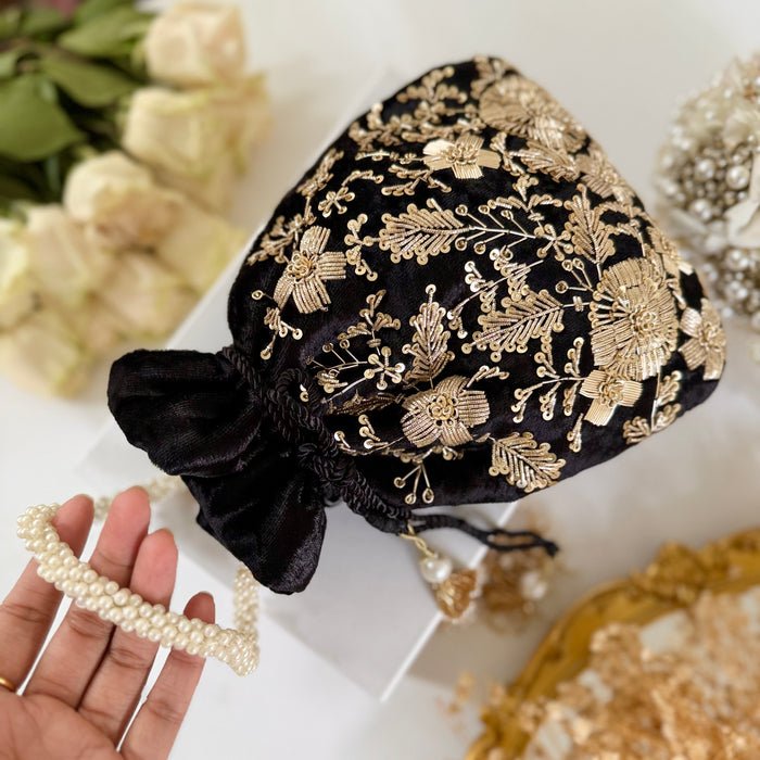 Black Zardozi Work Bridal Potli Bag: Wedding Evening Bag