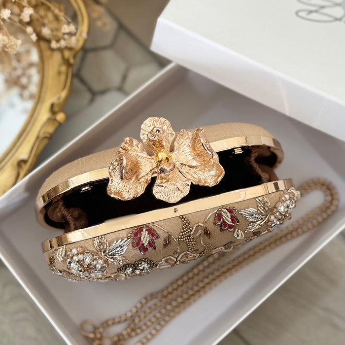 Antique Gold Bridal Clutch: Hand Embroidered Floral Evening Bag