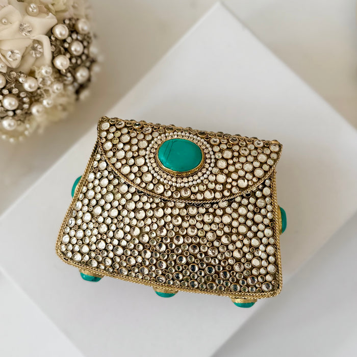 Natural Turquoise Gemstone Mini Clutch | Kundan Detailing on Brass Frame