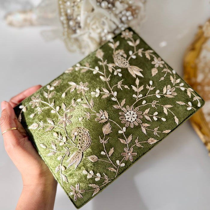Olive Green Velvet Zardozi Work Kalira Box