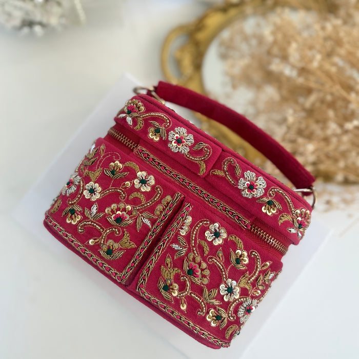 Fuchsia Vanity Case Bag | Hand Embroidered Suede Bridal Bag