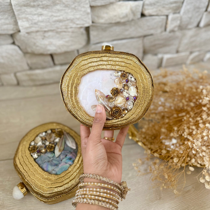 Floral Mother of Pearl Clutch in Ivory with Brass Frame