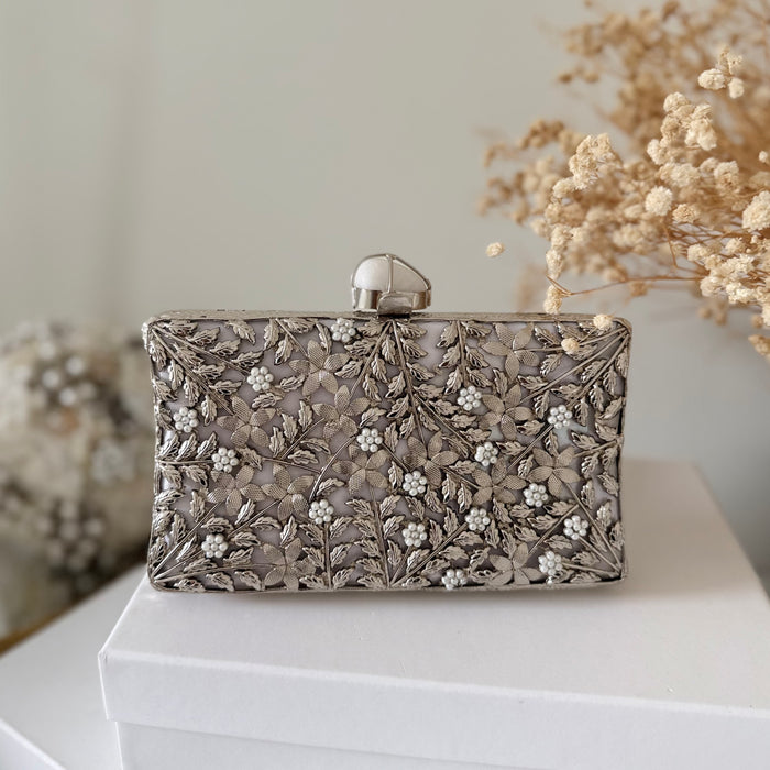 Silver Motif Bridal Clutch: Mother of Pearl & Brass Evening Bag