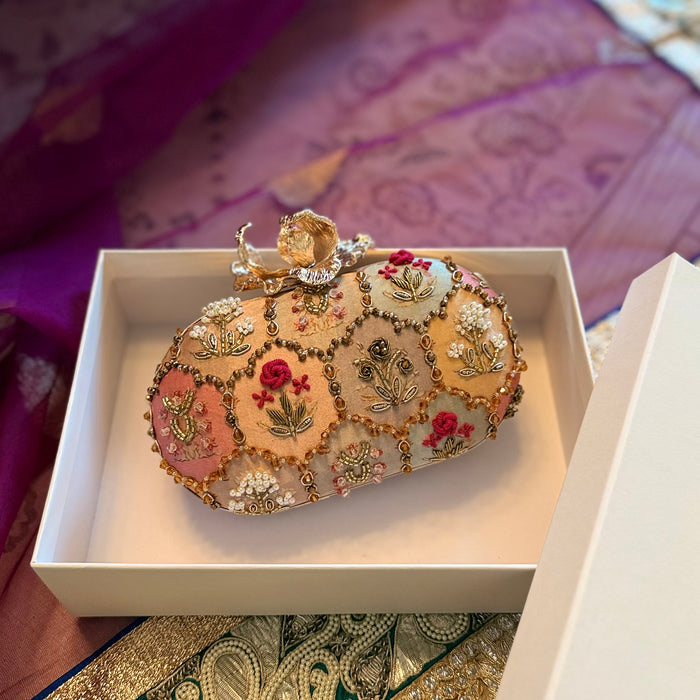 Jewel Tapestry Oval Clutch: Hand-Embroidered Oval Bag