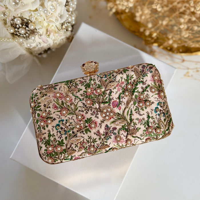 Green and Fuchsia Floral Clutch | Hand-Embroidered Floral Clutch with Rose Clasp