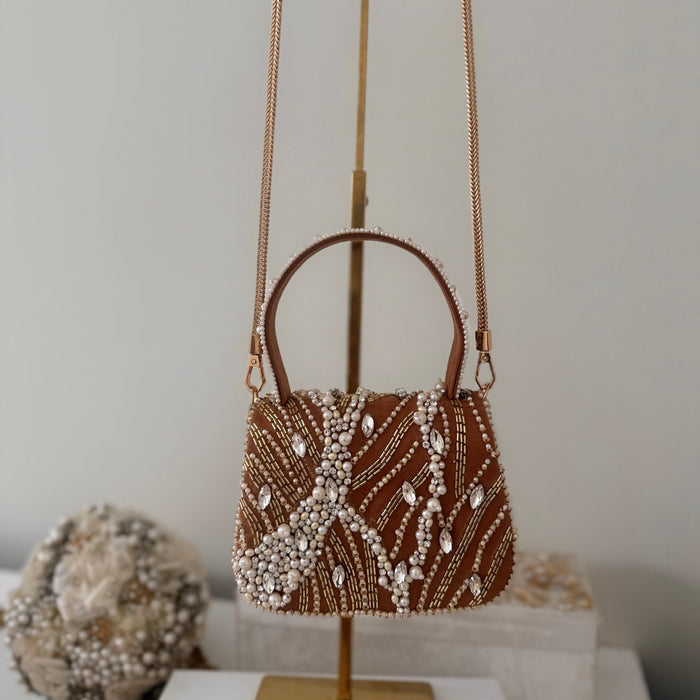 Beaded Top Handle Bag:  Natural Tone Handmade Bridal Clutch