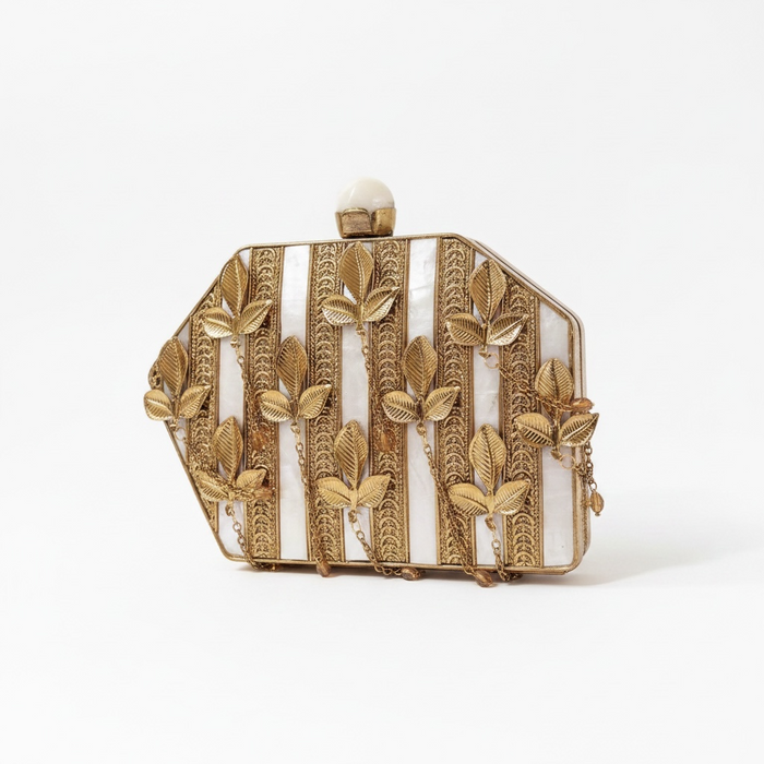 Mother of Pearl Clutch: Gold Leaf Bridal Evening Bag