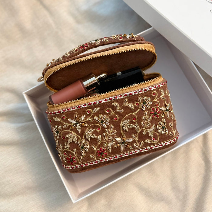 Embroidered Vanity Case Bag | Hand Embroidered Suede Bridal Bag