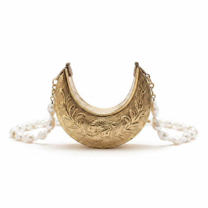 Mini Crescent Moon Clutch – Handcrafted Fish Motif Evening Bag
