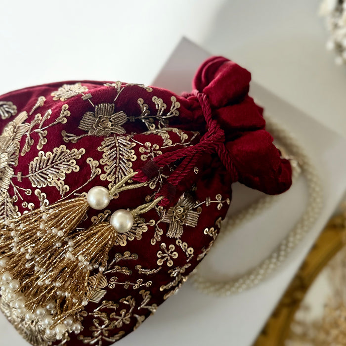 Maroon Zardozi Work Bridal Potli Bag: Wedding Evening Bag