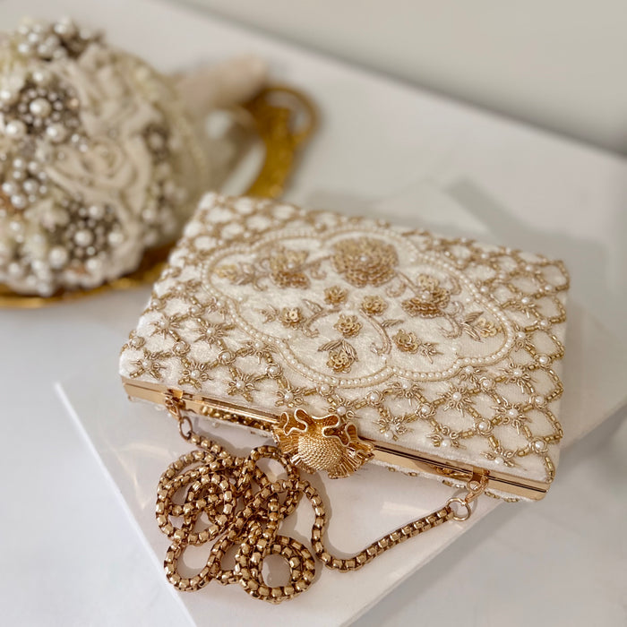 Beaded Ivory Velvet Bridal Clutch: Zardosi Wedding Purse