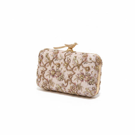 Champagne Bird Motif Hand-Embroidered Clutch With Bird Knob