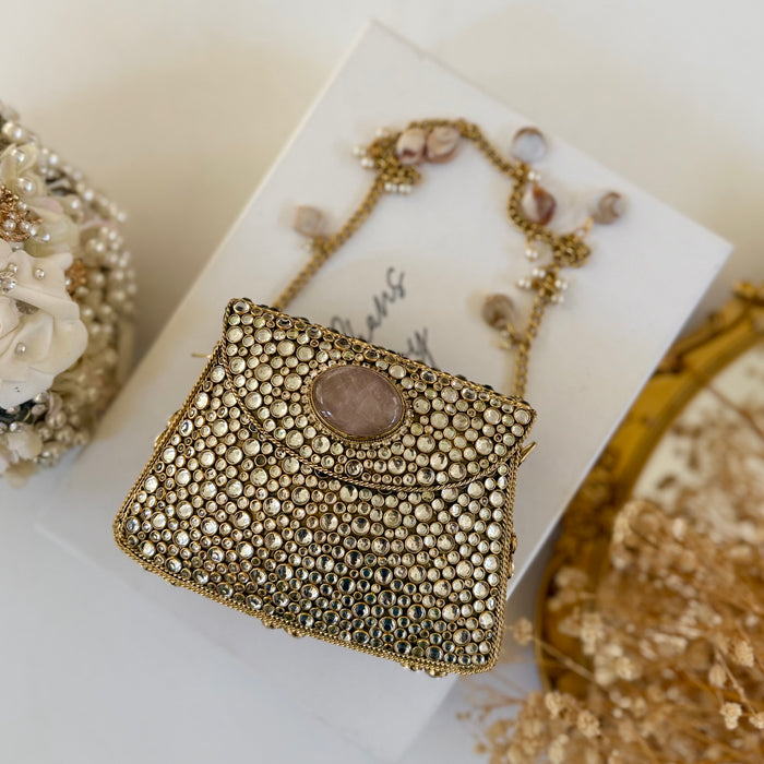 Natural Rose Quartz Gemstone Mini Clutch | Kundan Detailing on Brass Frame