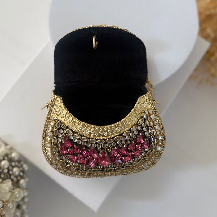Hot Pink Kundan Mini Clutch: Metal Statement Bag