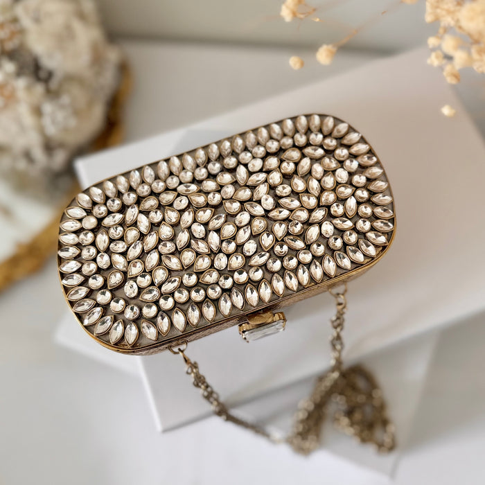 Handmade Kundan Bridal Clutch: Gold Evening Bag with Chain