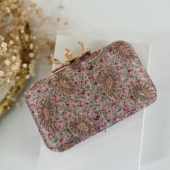 Multicolor Printed Hand-Embroidered Clutch Bag, Floral Evening Purse