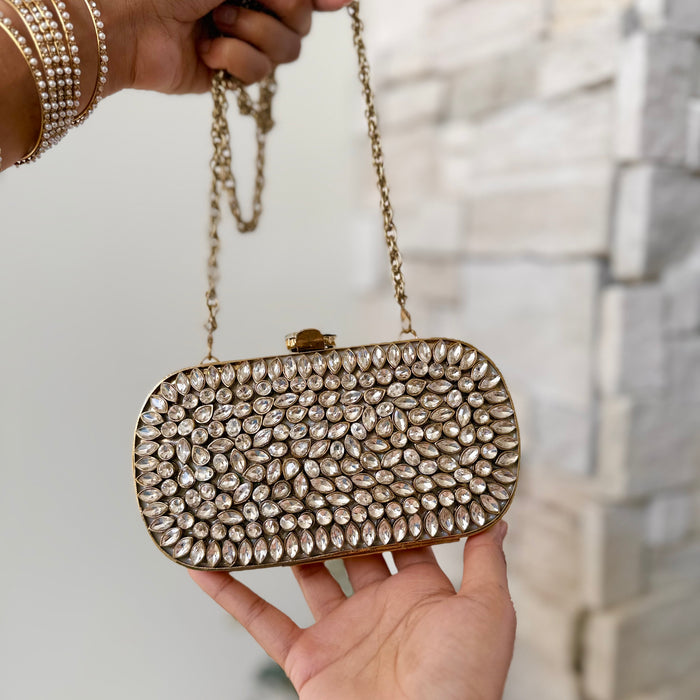 Handmade Kundan Bridal Clutch: Gold Evening Bag with Chain