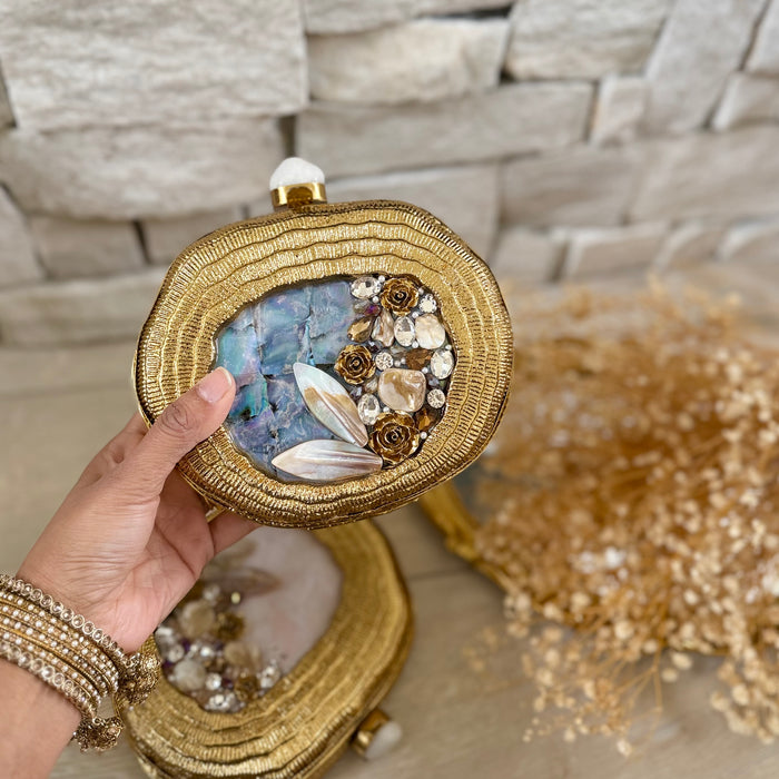 Floral Mother of Pearl Clutch in Blue with Brass Frame