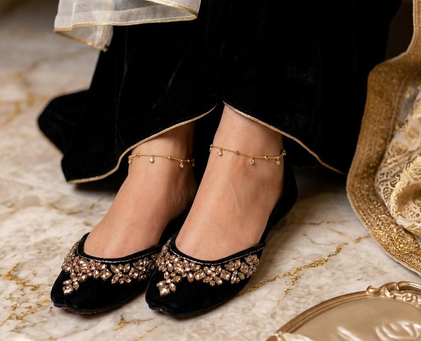 Handmade Black Velvet Crystal Khussa Juttis: Pakistani Bridal Shoes