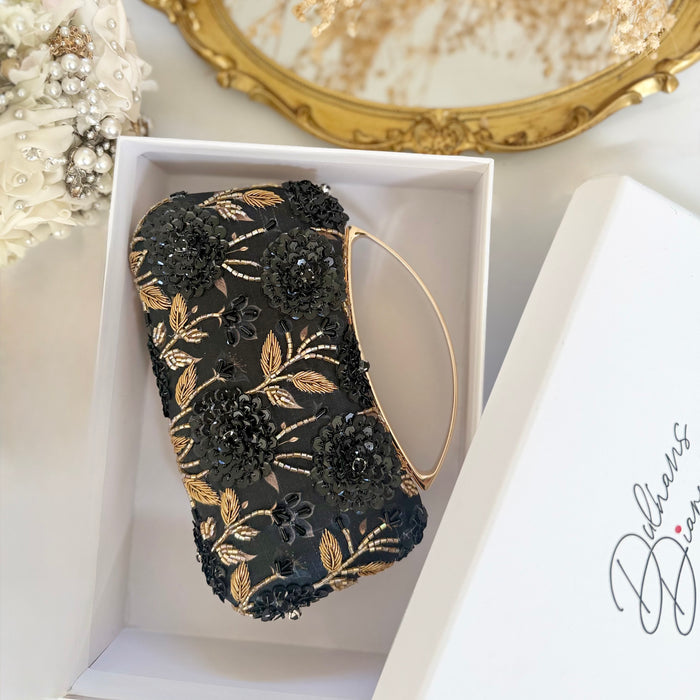 Midnight Blue Floral Clutch: Hand-Embroidered Top Handle Bag