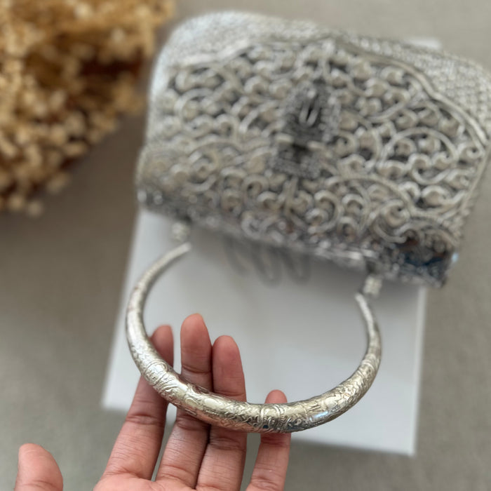 Silver Plated Brass Antique Clutch: Vintage Style Evening Bag With Top Handle