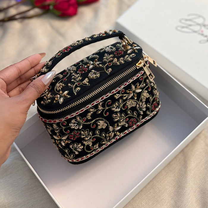 Embroidered Vanity Case Bag | Hand Embroidered Suede Bridal Bag
