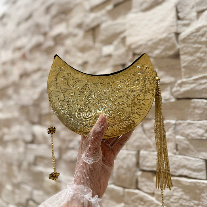 Moon Shape Brass Clutch: Gold Vintage Style Statement Handbag