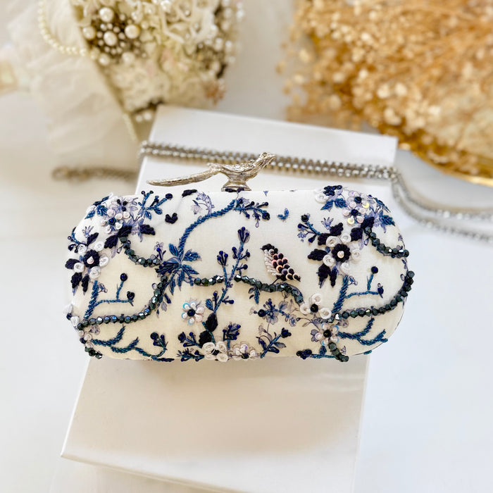 Floral Zardosi Bridal Clutch: Navy Blue Printed Wedding Clutch With Silver Bird Knob