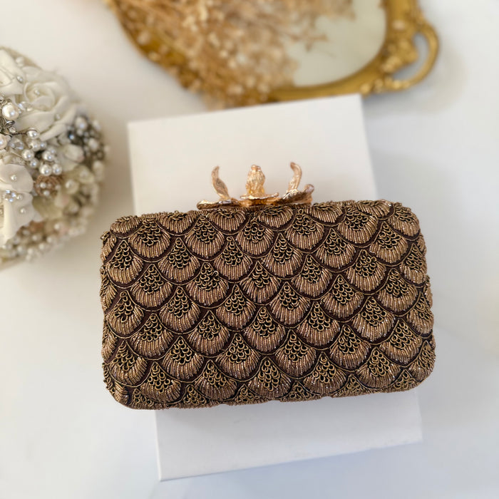Antique Gold Clutch: Dark Brown  Evening Bag