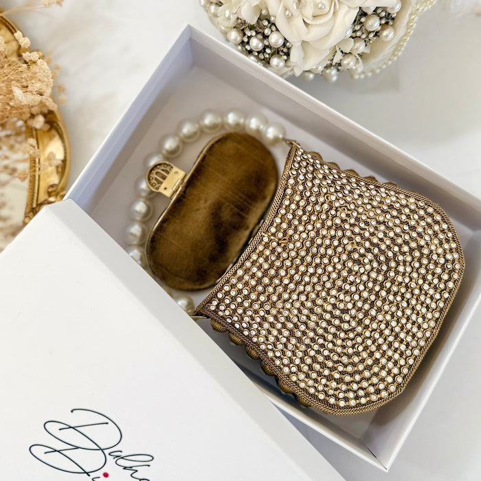 Mini Gold Crystal Bridal Clutch: Pearl Handle Wedding Evening Bag
