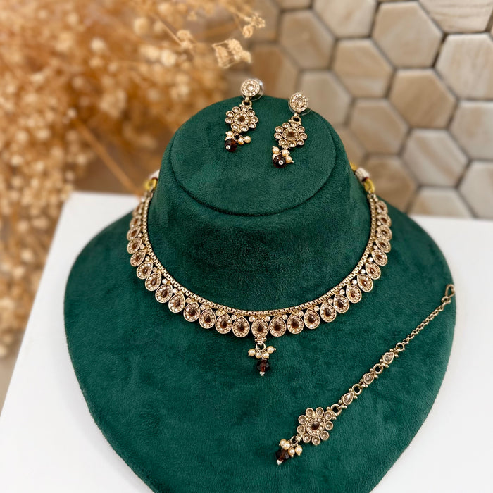 Indian Gold Plated Jewelry Set: Minimalist Bridal Necklace, Earrings and Tikka Set