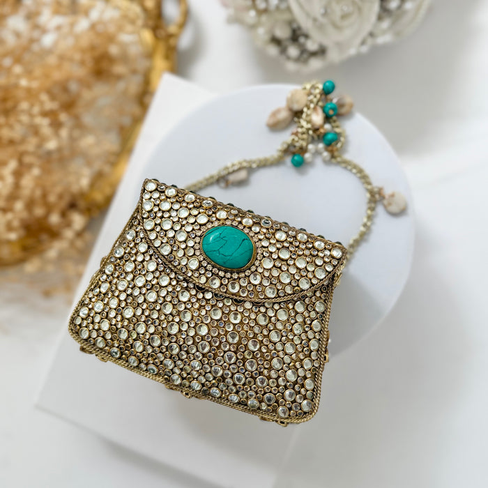 Natural Turquoise Gemstone Mini Clutch | Kundan Detailing on Brass Frame