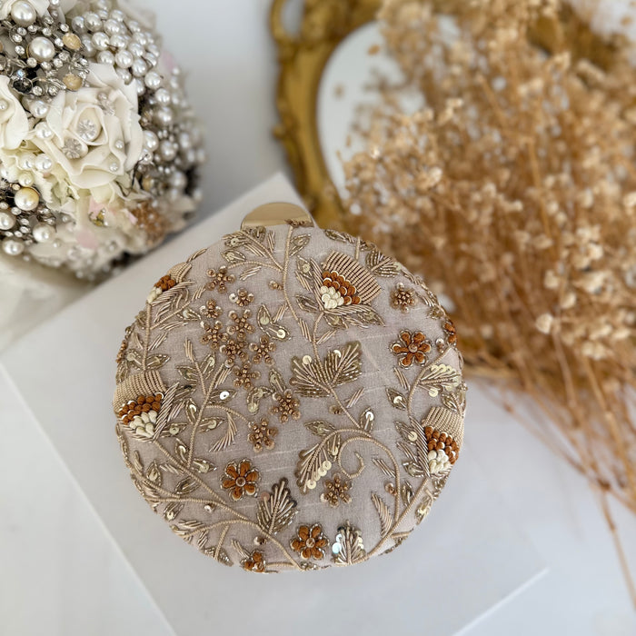 Beige Round Shape Mini Clutch: Handmade Statement Bag